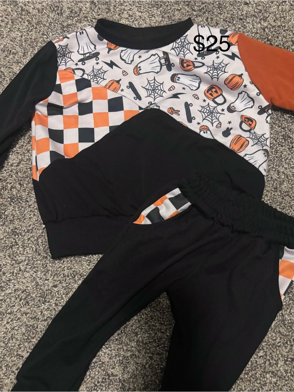 Kids Black & Orange Halloween Patchwork Jogger Set handmade
